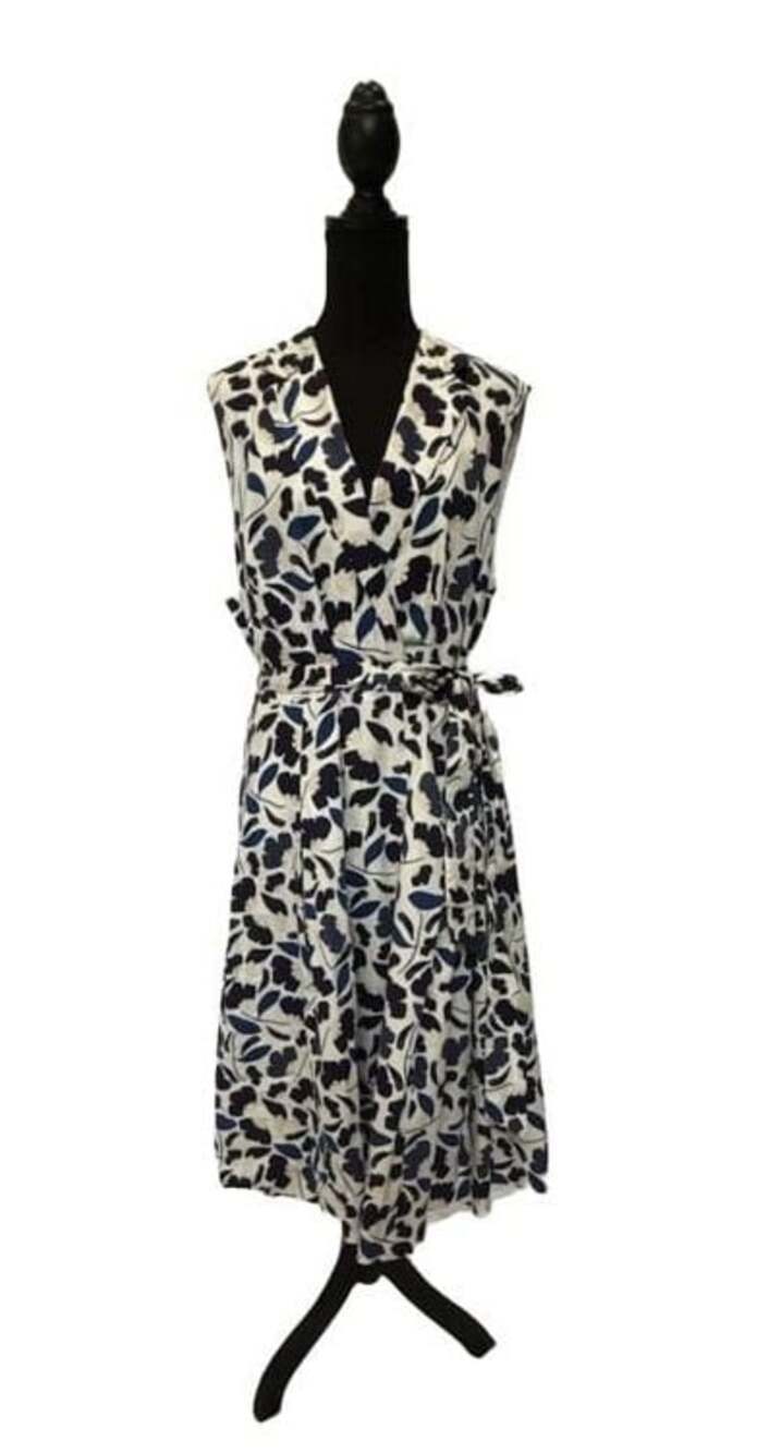 Anne Klein Blue and White Floral Sleeveless Midi Wrap Dress with Belt